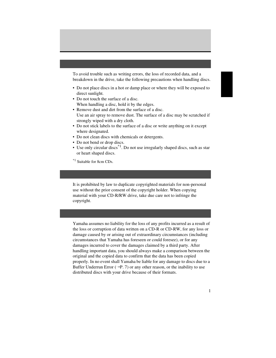 Handling discs and data, Handling discs, Copyright | Disclaimer of indemnity, Handling discs copyright disclaimer of indemnity | Yamaha CD Recordable/Rewritable Drive CRW-70 User Manual | Page 10 / 61