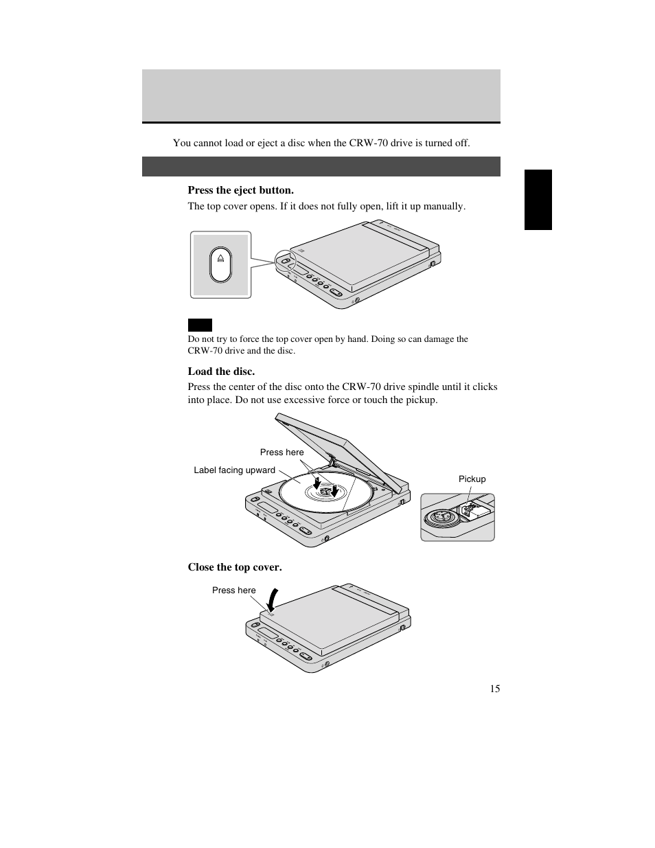 Loading/removing a disc, Loading a disc, P. 15, 16 | Yamaha CD Recordable/Rewritable Drive CRW-70 User Manual | Page 24 / 61