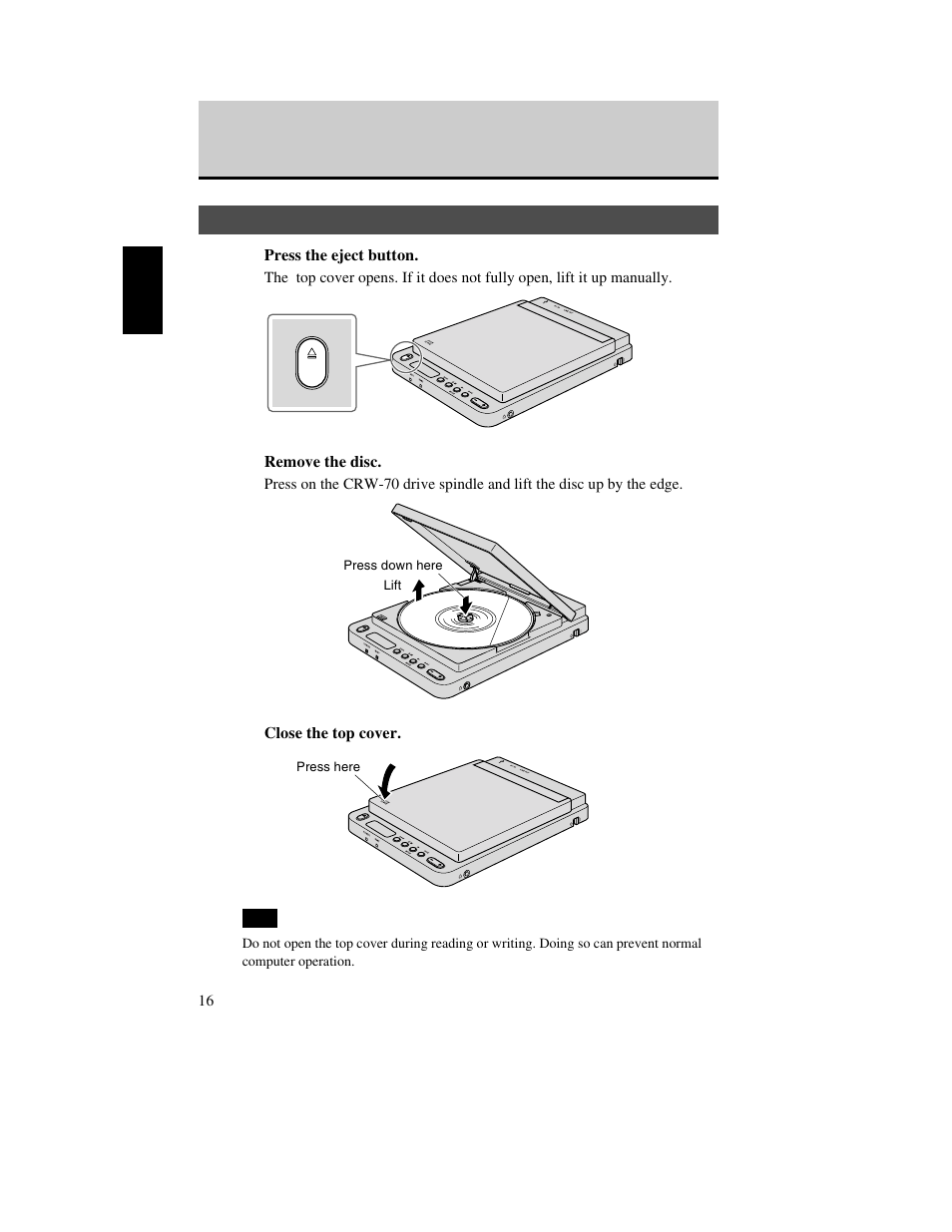 Removing a disc | Yamaha CD Recordable/Rewritable Drive CRW-70 User Manual | Page 25 / 61