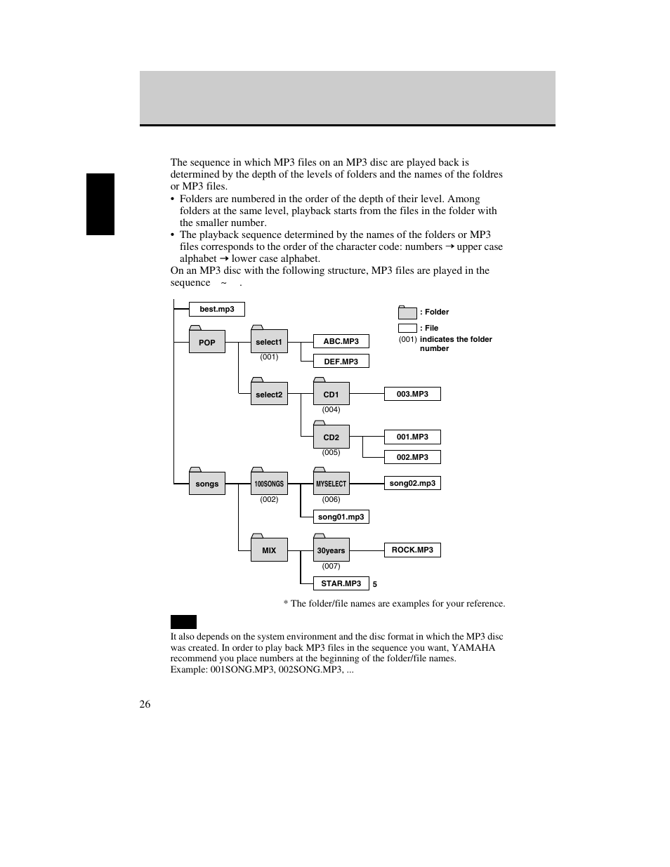 Listening to audio cds and mp3 discs, Playback sequence of mp3 files | Yamaha CD Recordable/Rewritable Drive CRW-70 User Manual | Page 35 / 61