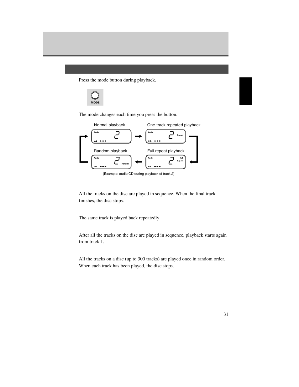 Changing the playback mode, P. 31 | Yamaha CD Recordable/Rewritable Drive CRW-70 User Manual | Page 40 / 61
