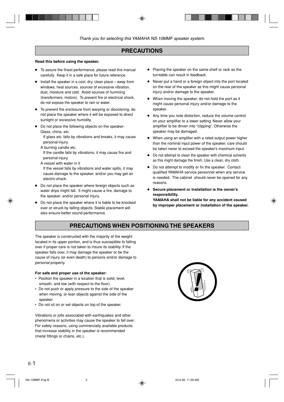 English, Precautions, Precautions when positioning the speakers | Yamaha NS-10MMF User Manual | Page 2 / 5