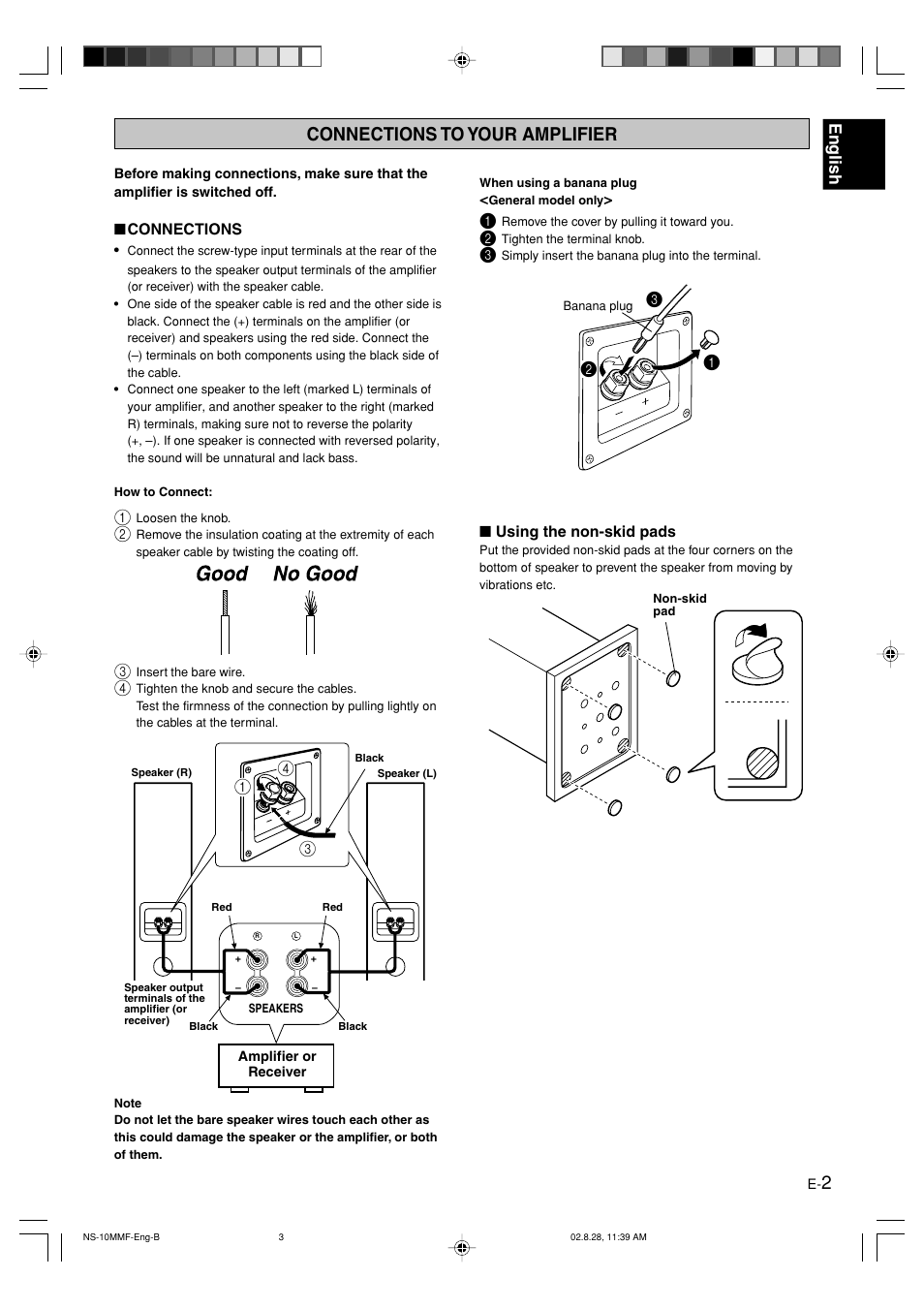 Connections to your amplifier, English | Yamaha NS-10MMF User Manual | Page 3 / 5