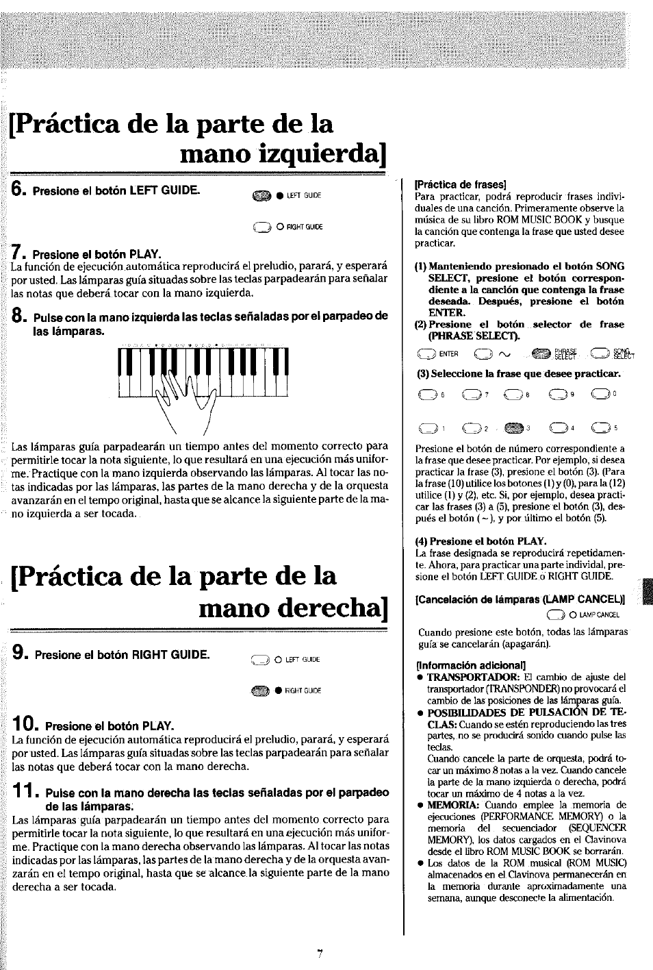 Práctica de la parte de la, Mano izquierda, Presione el botón ler guide | Mano derecha, Presione el botón right guide, Presione el botón play, Práctica de la parte de la mano izquierda, Práctica de la parte de la mano derecha | Yamaha Clavinova CVP-7 User Manual | Page 11 / 22