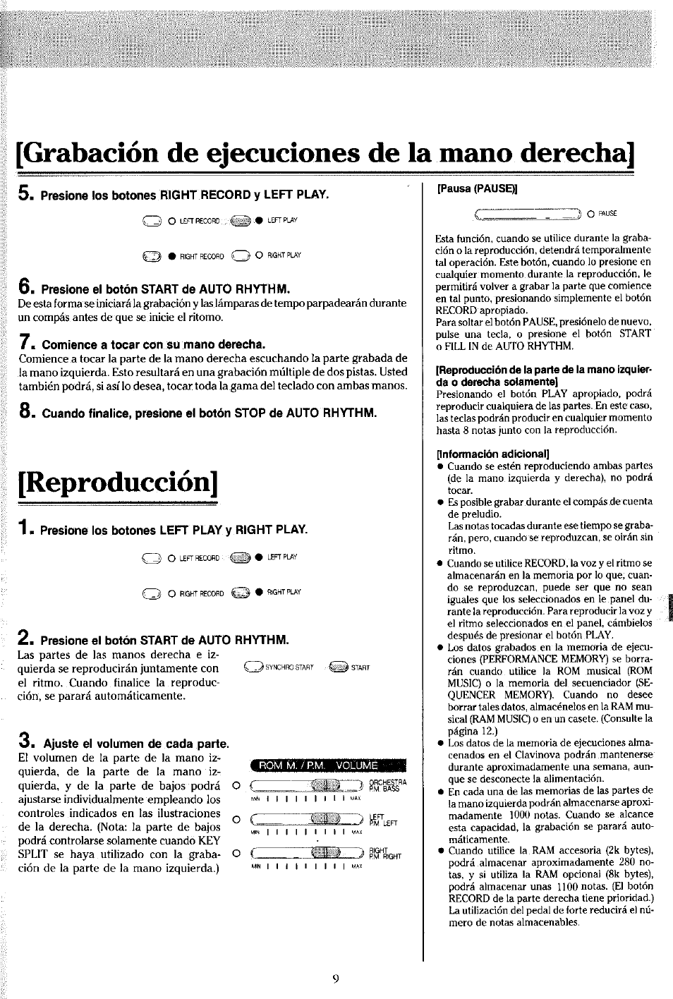 Grabación de ejecuciones de la mano derecha, Presione los botones right record y left play, Presione el botón start de auto rhythm | Comience a tocar con su mano derecha, Reproducción, 1 - presione los botones left play y right play, Ajuste el volumen de cada parte | Yamaha Clavinova CVP-7 User Manual | Page 13 / 22
