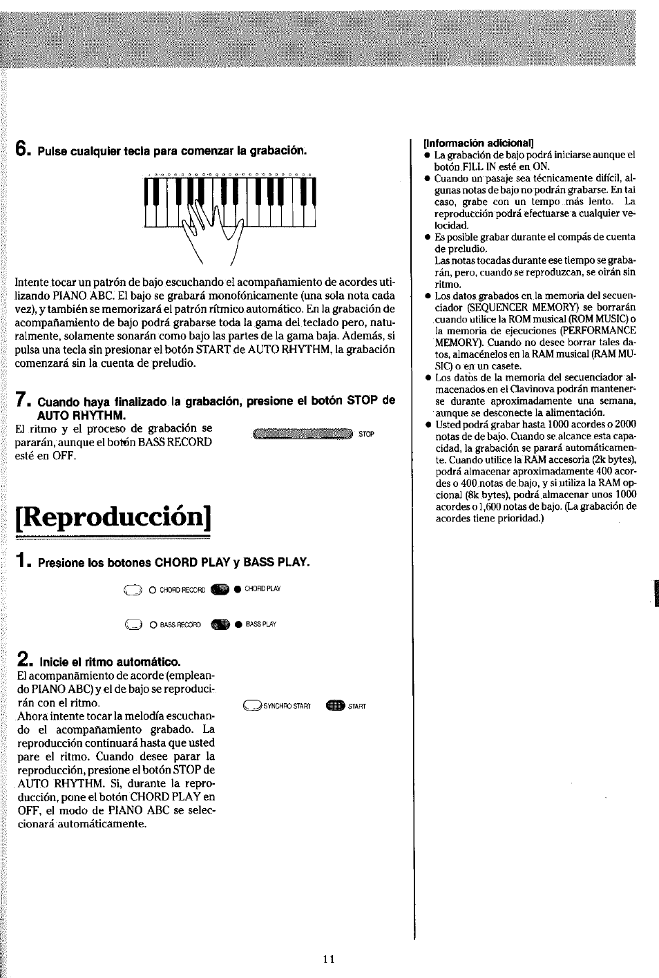 Pulse cualquier tecla para comenzar la grabación, Reproducción, Presione los botones chord play y bass play | Inicíe el ritmo automático | Yamaha Clavinova CVP-7 User Manual | Page 15 / 22