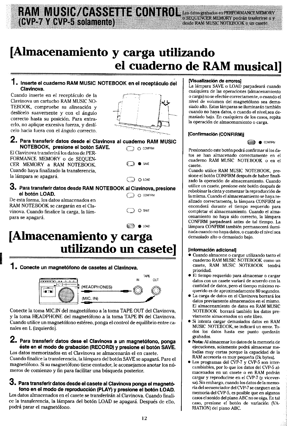 Ram music/cassette control, Almacenamiento у carga utilizando, El cuaderno de ram musical | Notebook, presione el botón save. q o confirm, Almacenamiento y carga, Utilizando un casete, Conecte un magnetófono de casetes al clavinova, Almacenamiento y carga utilizando un casete, Lvr-f y bvr-t) solsmonte) | Yamaha Clavinova CVP-7 User Manual | Page 16 / 22