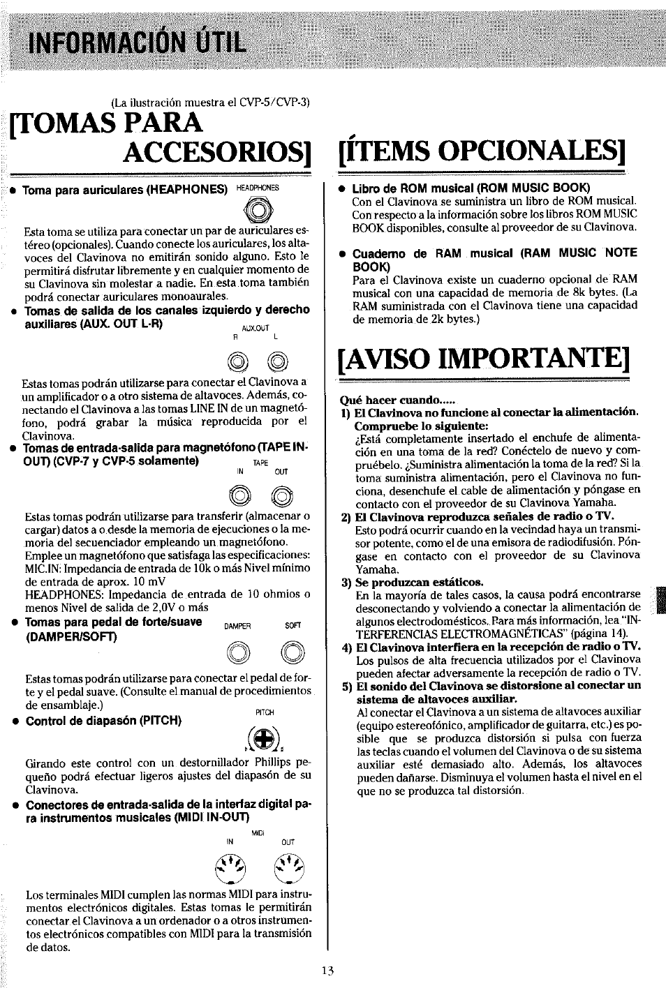 Informacion útil, Rromas para, Accesorios | Toma para auriculares (heaphones), Control de diapasón (pitch), Items opcionales, Libro de rom musical (rom music book), Cuaderno de ram musical (ram music note book), Aviso importante, Informations utiles | Yamaha Clavinova CVP-7 User Manual | Page 17 / 22