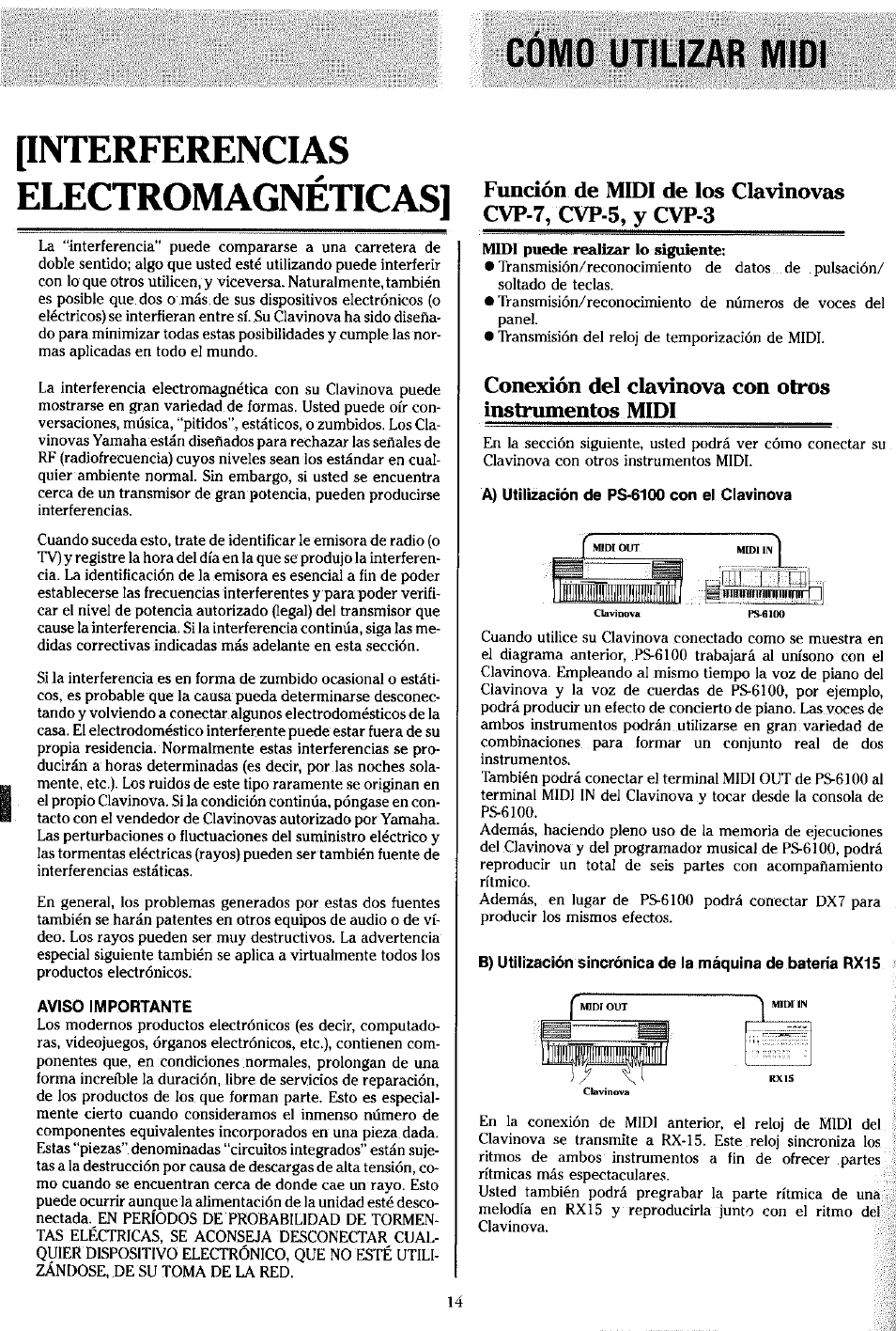 Cómo utilizar midi, Interferencias, Electromagnéticas | Aviso importante, Conexión del clavinova con otros instrumentos midi, A) utilización de ps-6100 con el clavinova, I[interferencias electromagnéticas | Yamaha Clavinova CVP-7 User Manual | Page 18 / 22