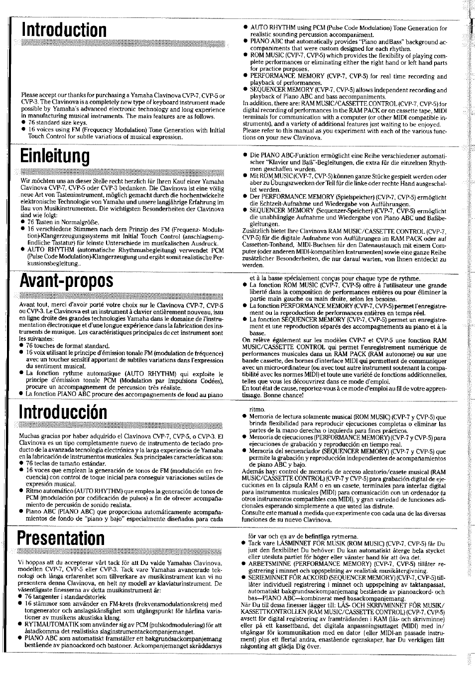 Introduction, Einleitung, Avant-propos | Introducción, Presentation | Yamaha Clavinova CVP-7 User Manual | Page 4 / 22