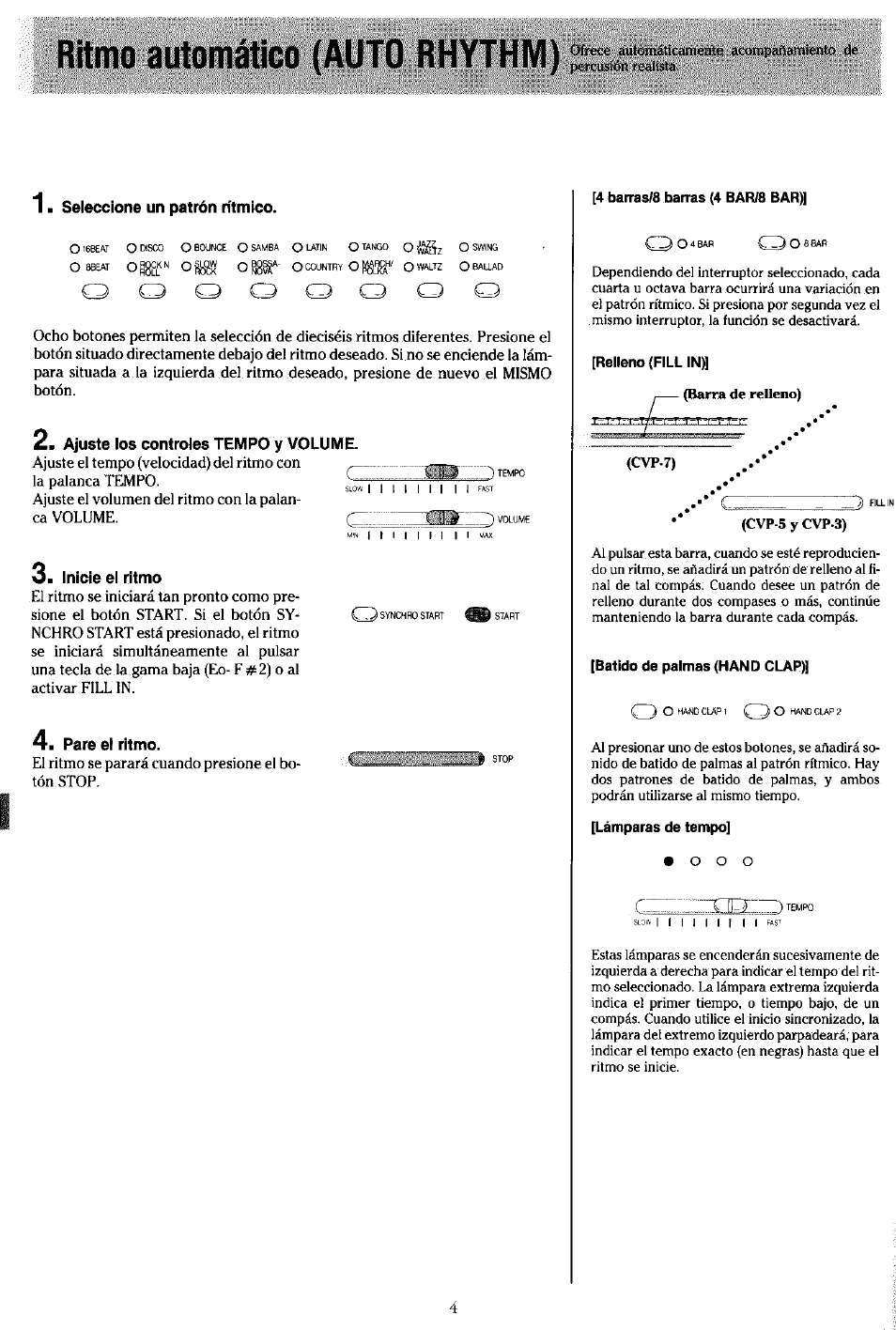 Ritmo automático (auto rhythm), Seleccione un patrón rítmico, Ajuste los controles tempo y volume | O. inicie el ritmo, Раге el ritmo | Yamaha Clavinova CVP-7 User Manual | Page 8 / 22