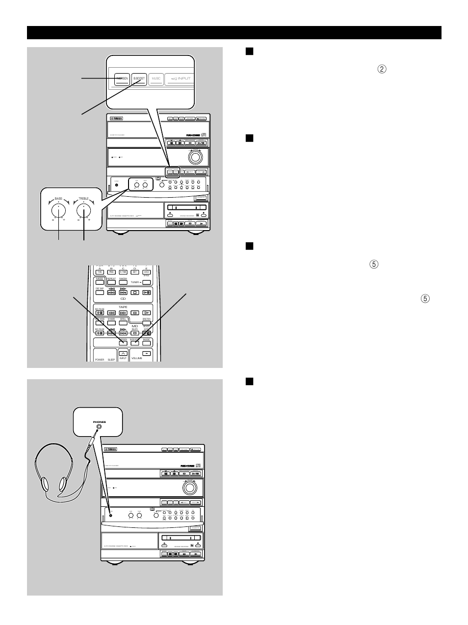 English 41, Listening with headphones, Various sound control Ⅵ b. (bass) boost button | Bass and treble controls, Ymersion button, Bass boost, Bass treble ymersion b. boost, Ymersion, Press this button so that “bass boost, Press this button so that “ymersion | Yamaha GX-900 User Manual | Page 49 / 56