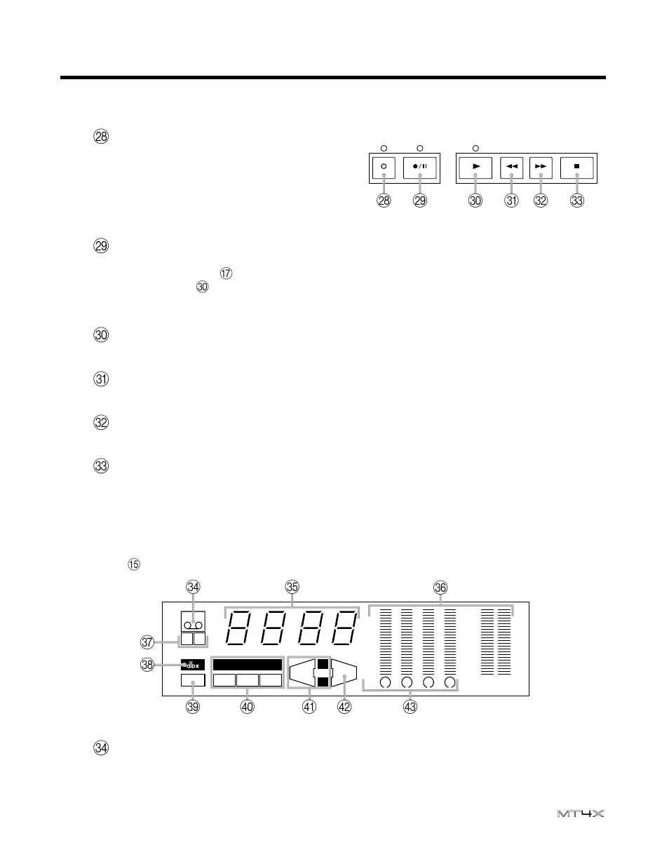 Transport controls, Multi-function display, Controls and connections 10 user’s guide | Rehe key and indicator, Rec/pause key and indicator, Play key and indicator, Rew key, Ff key, Stop key, Tape indicator | Yamaha MT4X User Manual | Page 12 / 56