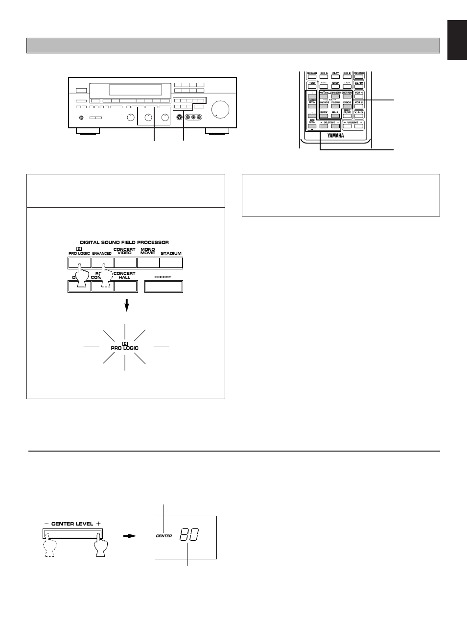 Adjustment of the center level, English, Lights up. adjustable | Yamaha RX-V590RDS User Manual | Page 29 / 36