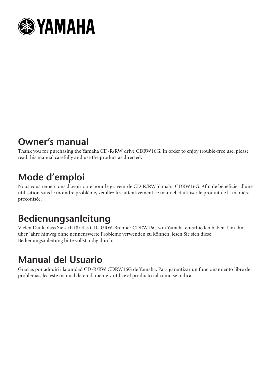 Yamaha CDRW16G User Manual | 8 pages