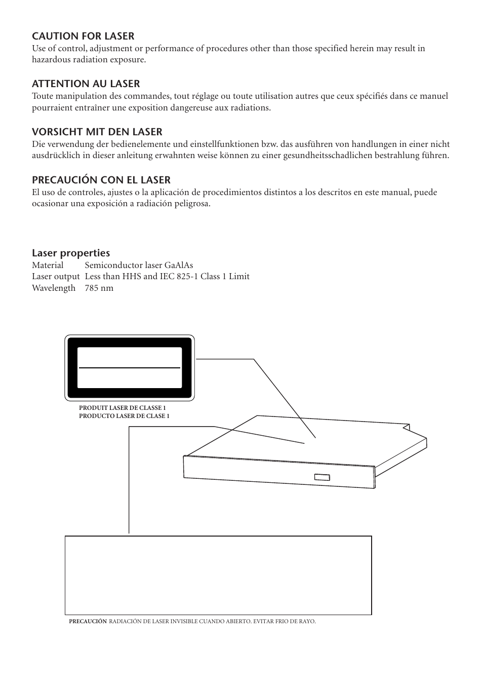 Caution for laser, Attention au laser, Vorsicht mit den laser | Precaución con el laser, Laser properties | Yamaha CDRW16G User Manual | Page 2 / 8