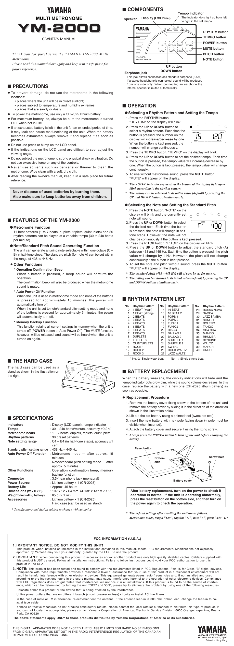 Ym-2000, Precautions, Specifications | Features of the ym-2000, The hard case, Components, Operation, Battery replacement, Rhythm pattern list, Multi metronome | Yamaha YM-2000 User Manual | Page 2 / 4