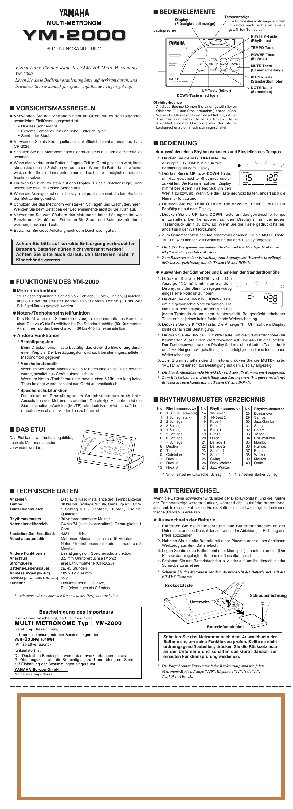 Ym-2000, Vorsichtsmassregeln, Bedienelemente | Das etui, Technische daten, Batteriewechsel, Rhythmusmuster-verzeichnis, Bedienung, Funktionen des ym-2000, Multi-metronom | Yamaha YM-2000 User Manual | Page 4 / 4