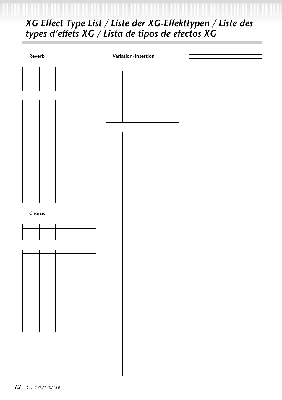 Reverb, Chorus, Variation/insertion | Yamaha CLP-150 User Manual | Page 12 / 36