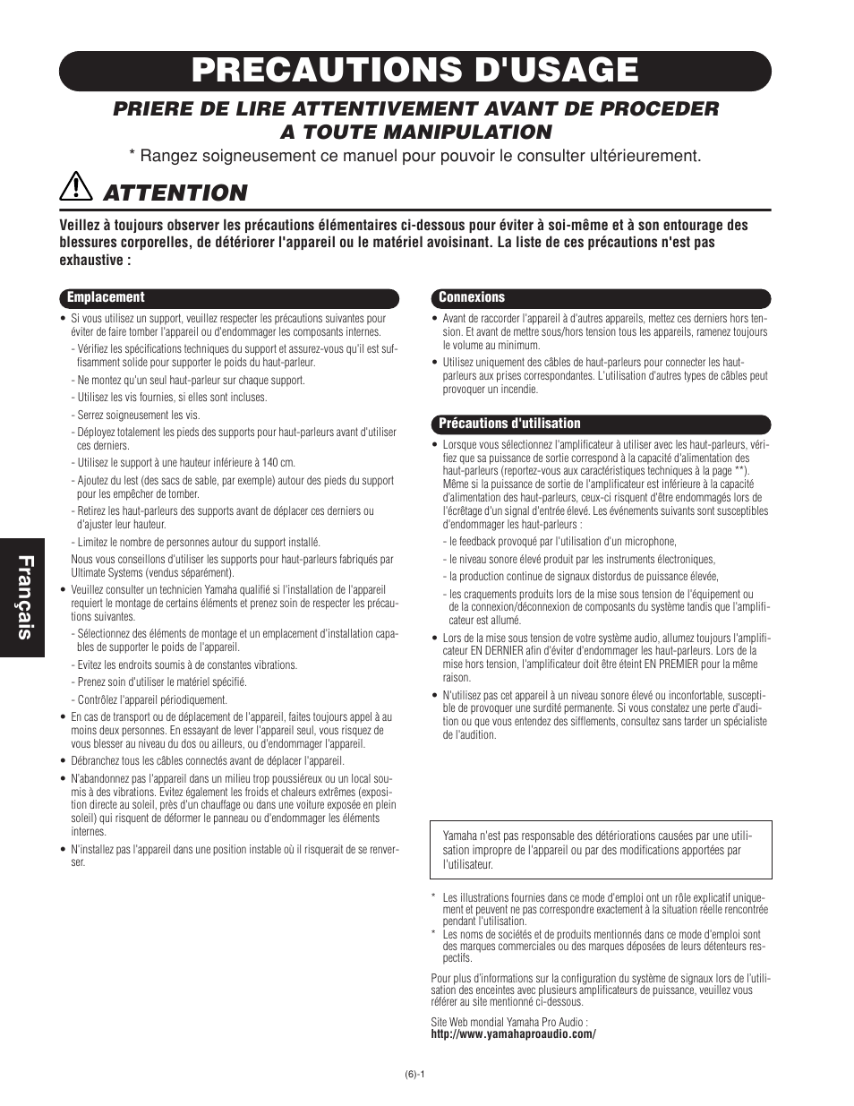 Precautions d'usage, Attention, Fran ç ais | Yamaha F2112/AS(W) User Manual | Page 3 / 7