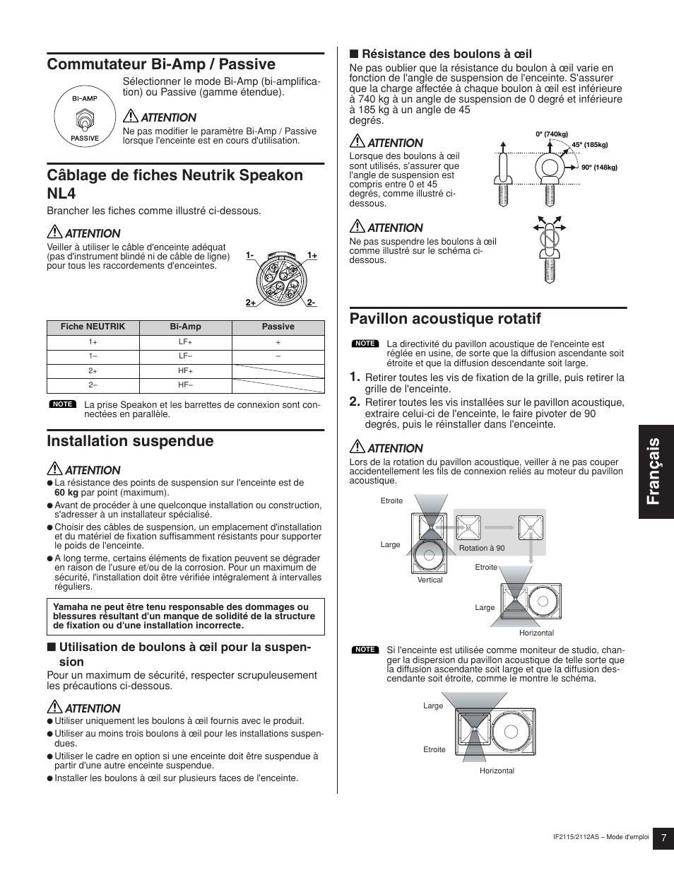 Fran ç ais, Commutateur bi-amp / passive, Câblage de fiches neutrik speakon nl4 | Installation suspendue, Pavillon acoustique rotatif, Utilisation de boulons à œil pour la suspen- sion, Résistance des boulons à œil | Yamaha F2112/AS(W) User Manual | Page 4 / 7
