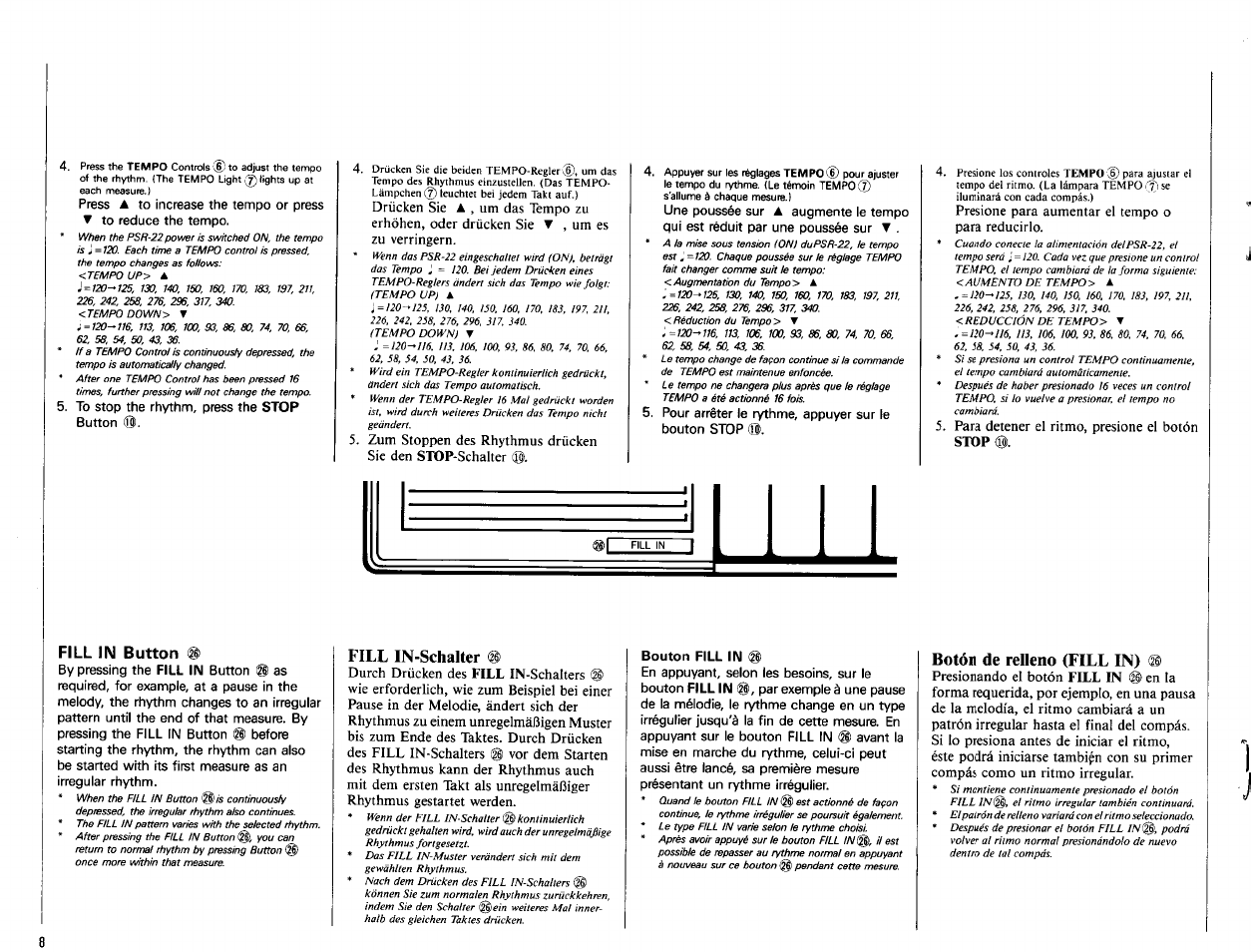 To stop the rhythm, press the stop button, Fill in button (§), Pour arrêter le rythme, appuyer sur le bouton stop | Fill in-schalter (§), Bouton fill in, Botón de relleno (fill in) | Yamaha Portatone PSR-22 User Manual | Page 10 / 20