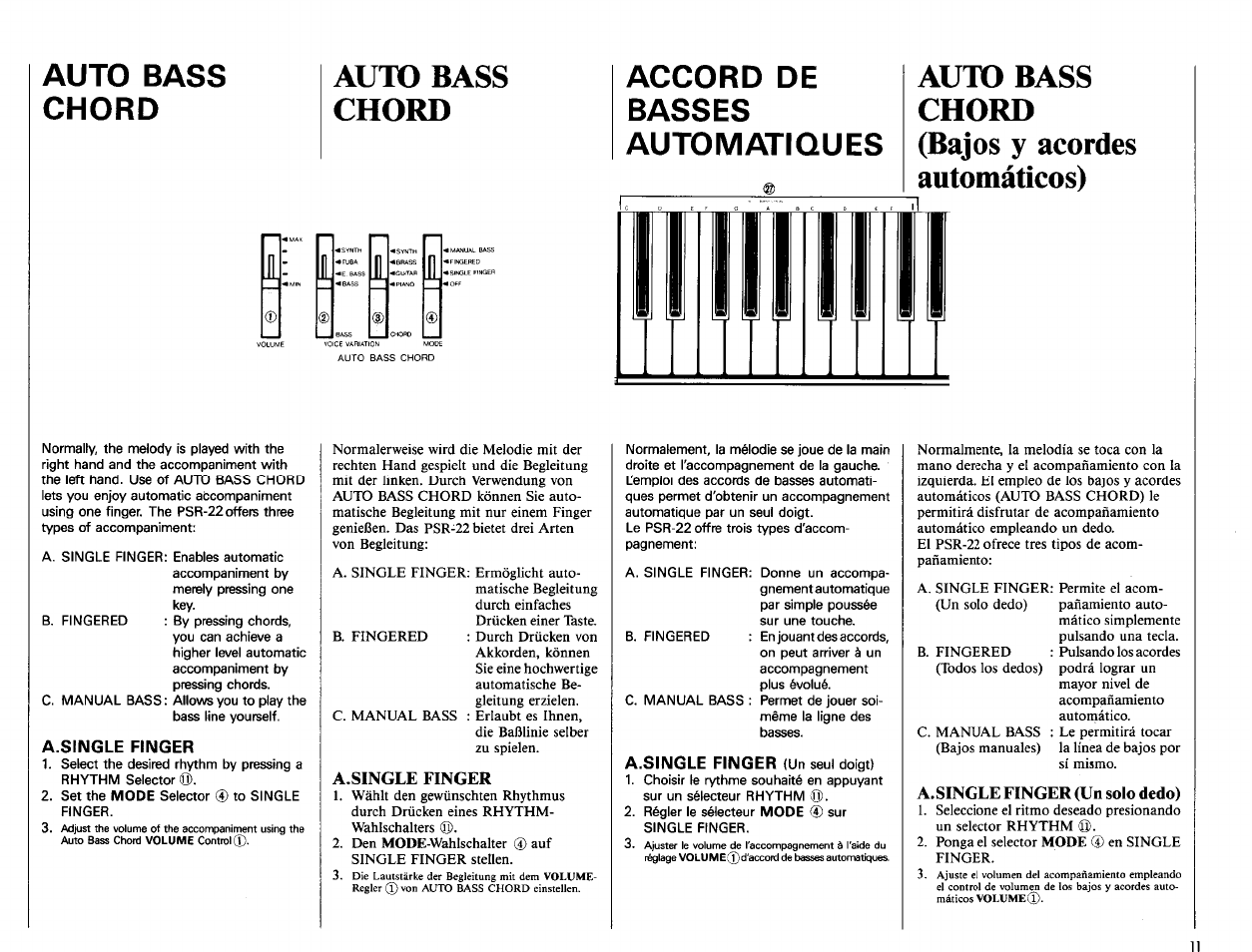 Auto bass chord, A.single finger, Accord de basses | Automatiques, A.single finger (un solo dedo) | Yamaha Portatone PSR-22 User Manual | Page 13 / 20