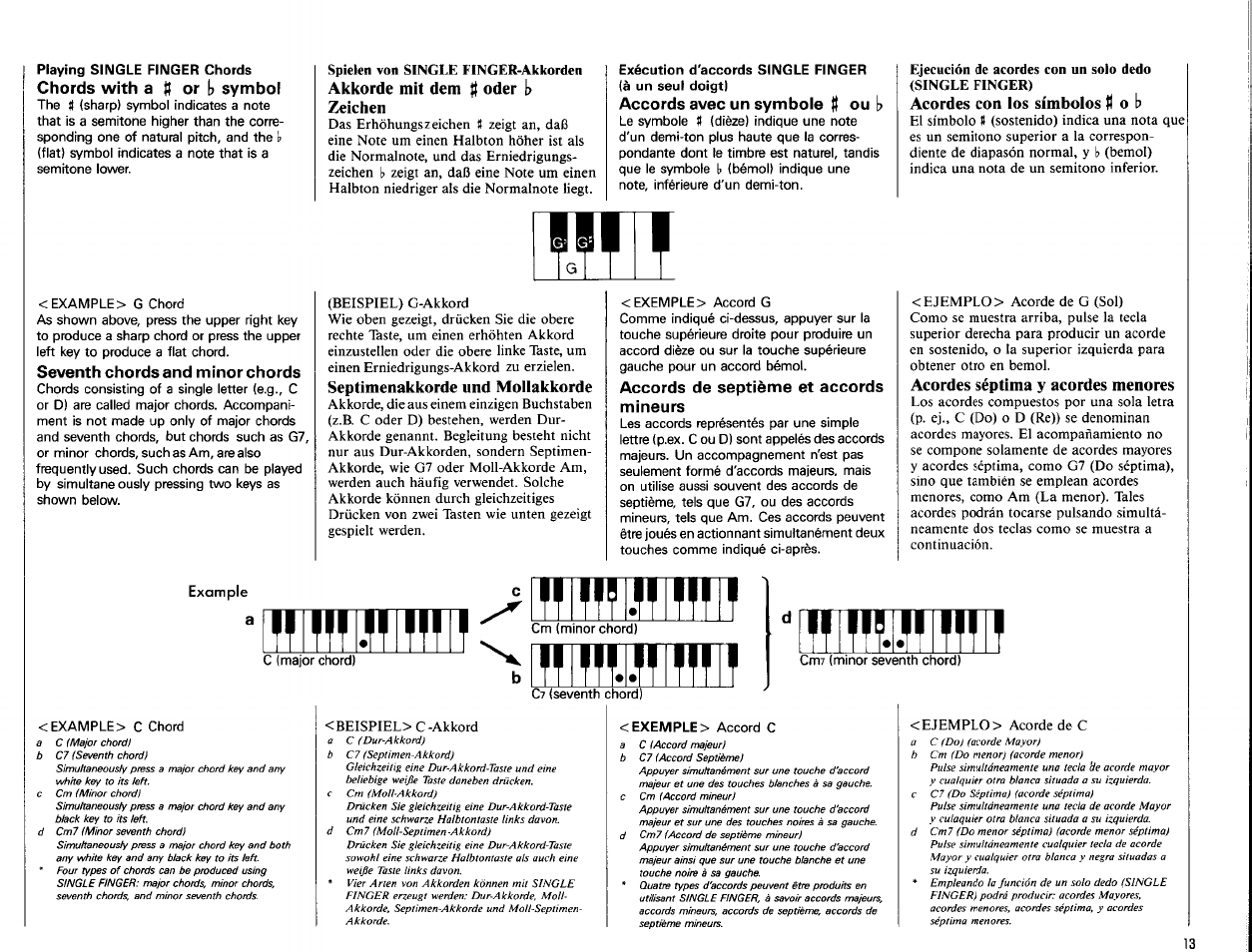 Chords with a or i? symbol, Akkorde mit dem oder, Zeichen | Accords avec un symbole ou, Acordes con los símbolos o b, Seventh chords and minor chords, Septimenakkorde und mollakkorde, Accords de septième et accords mineurs, Fjf i f, Acordes con los símbolos o | Yamaha Portatone PSR-22 User Manual | Page 15 / 20