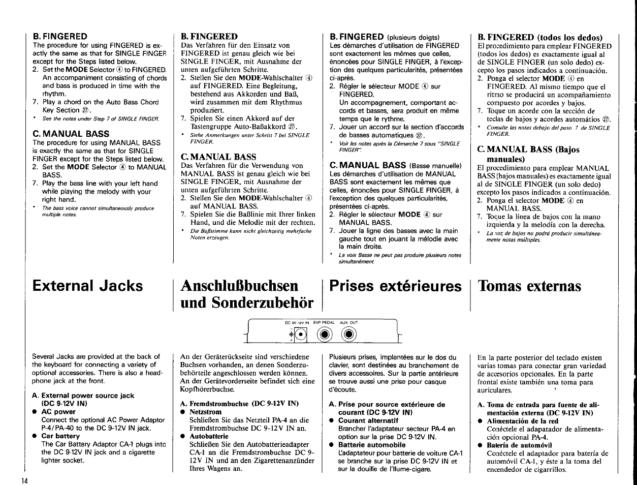 B. fingered, C. manual bass, C manual bass | B, fingered (todos los dedos), C manual bass (bajos manuales), External jacks, Anschlußbuchsen und sonderzubehör, Prises extérieures, Tomas externas, A. external power source jack (dc 9-12v in) | Yamaha Portatone PSR-22 User Manual | Page 16 / 20