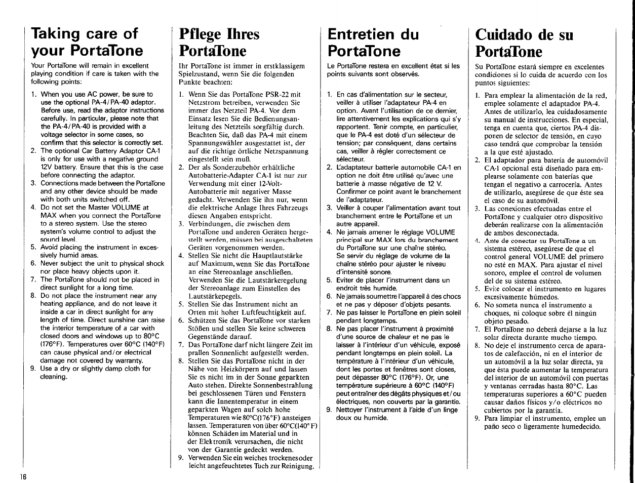 Taking care of your portatone, Pflege ihres portatone, Entretien du portatone | Cuidado de su portatone | Yamaha Portatone PSR-22 User Manual | Page 18 / 20