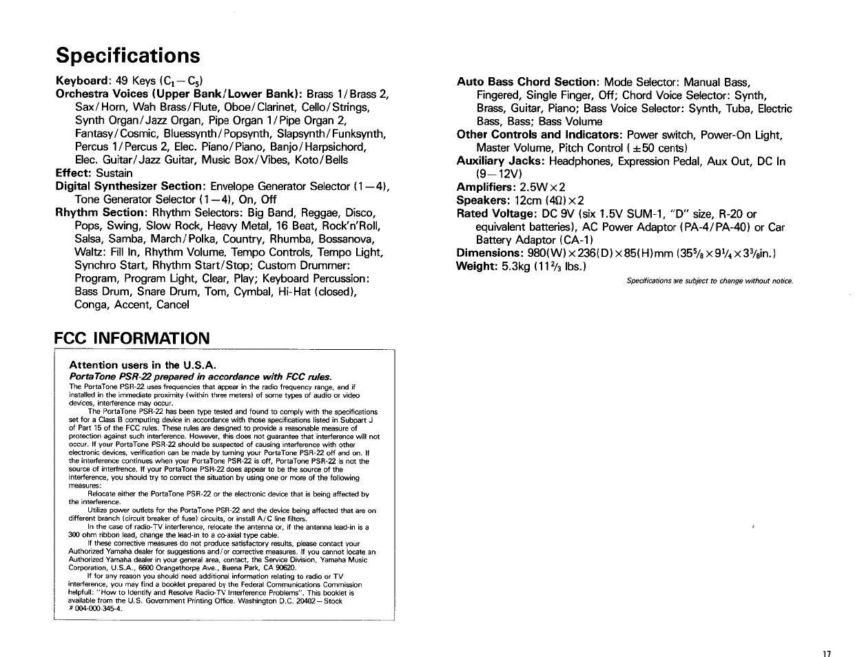 Specifications, Fcc information | Yamaha Portatone PSR-22 User Manual | Page 19 / 20