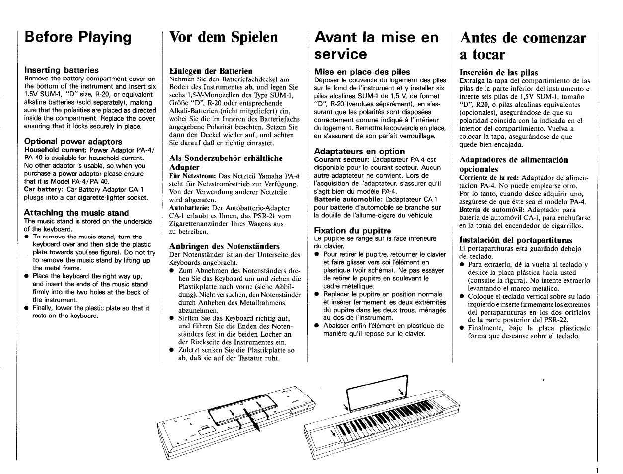 Before playing, Inserting batteries, Attaching the music stand | Vor dem spielen, Einlegen der batterien, Als sonderzubehör erhältliche adapter, Anbringen des notenständers, Avant la mise en service, Mise en place des piles, Adaptateurs en option | Yamaha Portatone PSR-22 User Manual | Page 3 / 20