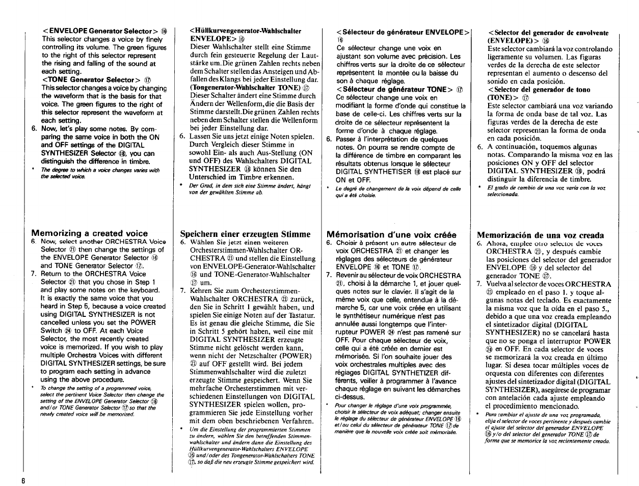 Envelope generator selector > (g), Memorizing a created voice, Hüllkurvengeiierator-wahlsch alter envelope | Speichern einer erzeugten stimme, Sélecteur de générateur envelope, Mémorisation d'une voix créée, Selector del generador de envolvente (envelope), Memorización de una voz creada | Yamaha Portatone PSR-22 User Manual | Page 8 / 20