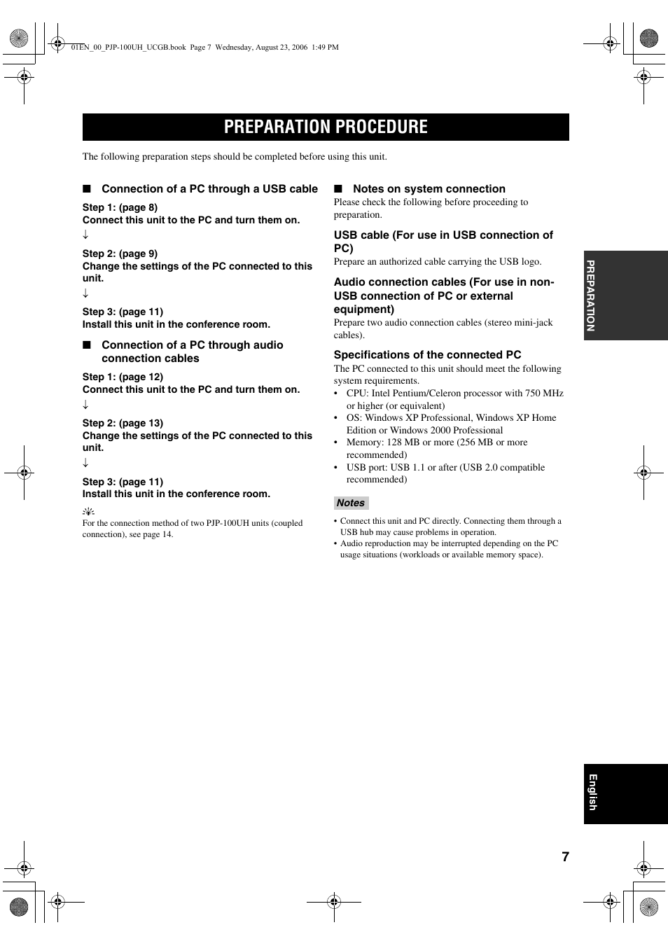 Preparation procedure | Yamaha PJP-100UH User Manual | Page 11 / 29