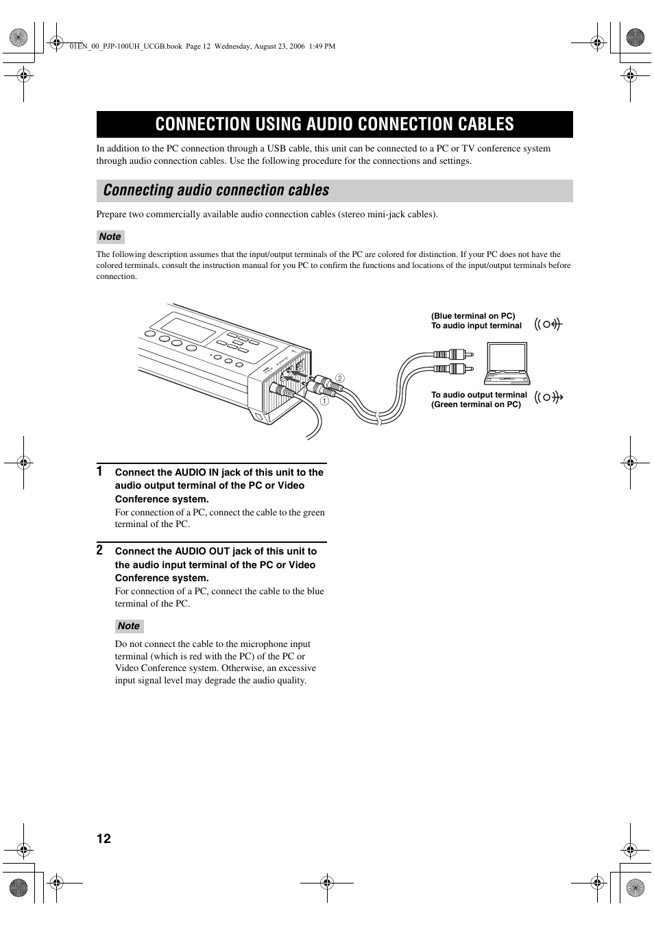 Connection using audio connection cables, Connecting audio connection cables | Yamaha PJP-100UH User Manual | Page 16 / 29