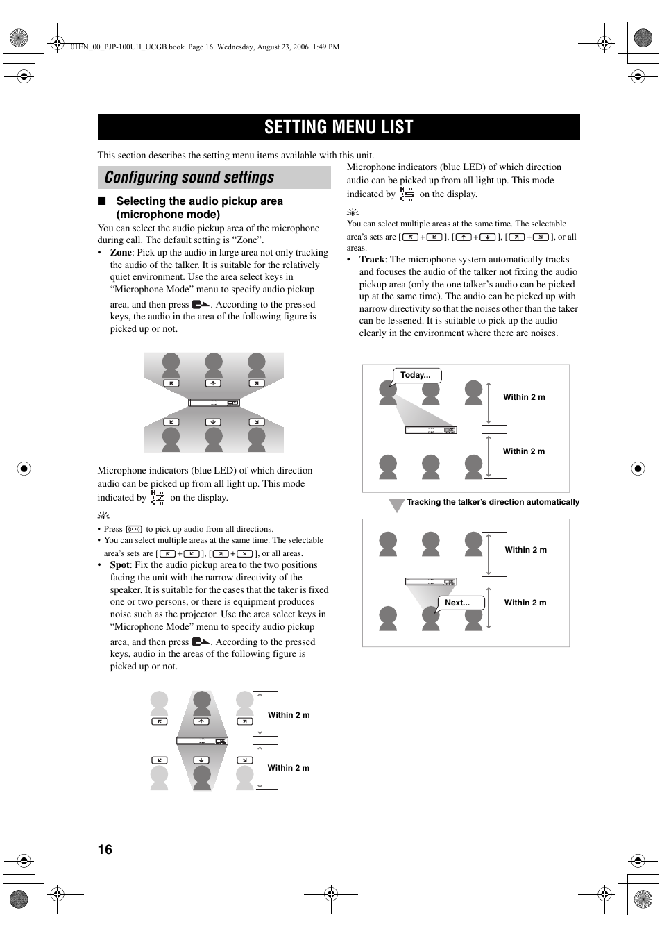 Setting menu list, Configuring sound settings | Yamaha PJP-100UH User Manual | Page 20 / 29