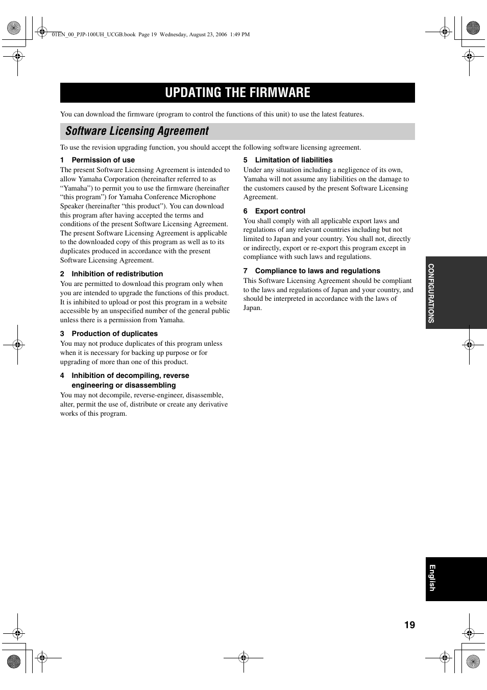 Updating the firmware, Software licensing agreement | Yamaha PJP-100UH User Manual | Page 23 / 29