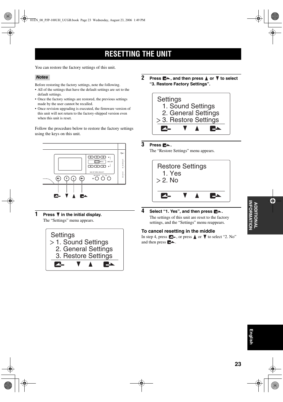 Resetting the unit | Yamaha PJP-100UH User Manual | Page 27 / 29