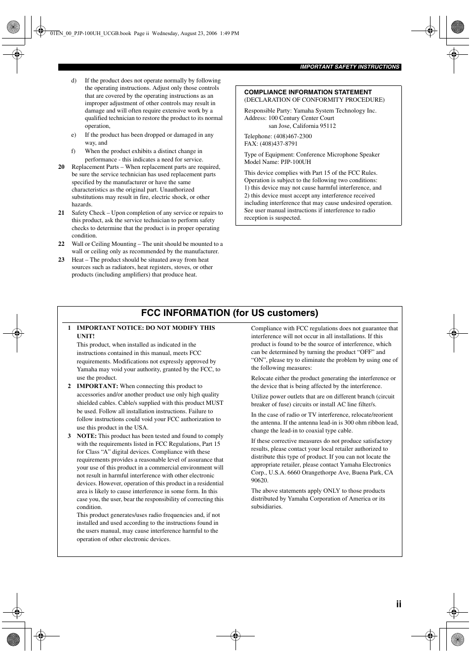 Fcc information (for us customers) | Yamaha PJP-100UH User Manual | Page 3 / 29