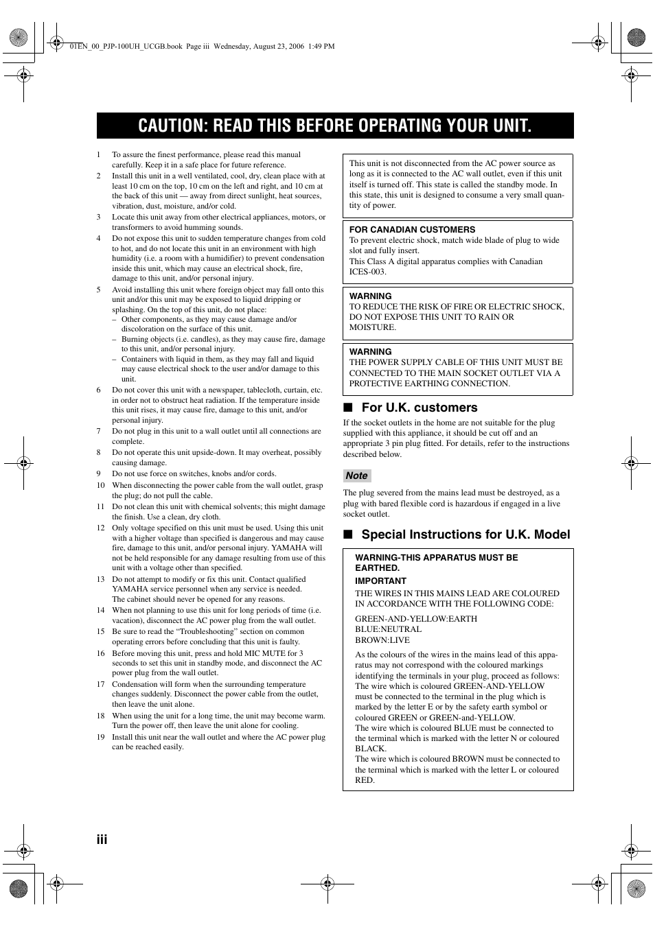 Caution: read this before operating your unit, For u.k. customers, Special instructions for u.k. model | Yamaha PJP-100UH User Manual | Page 4 / 29