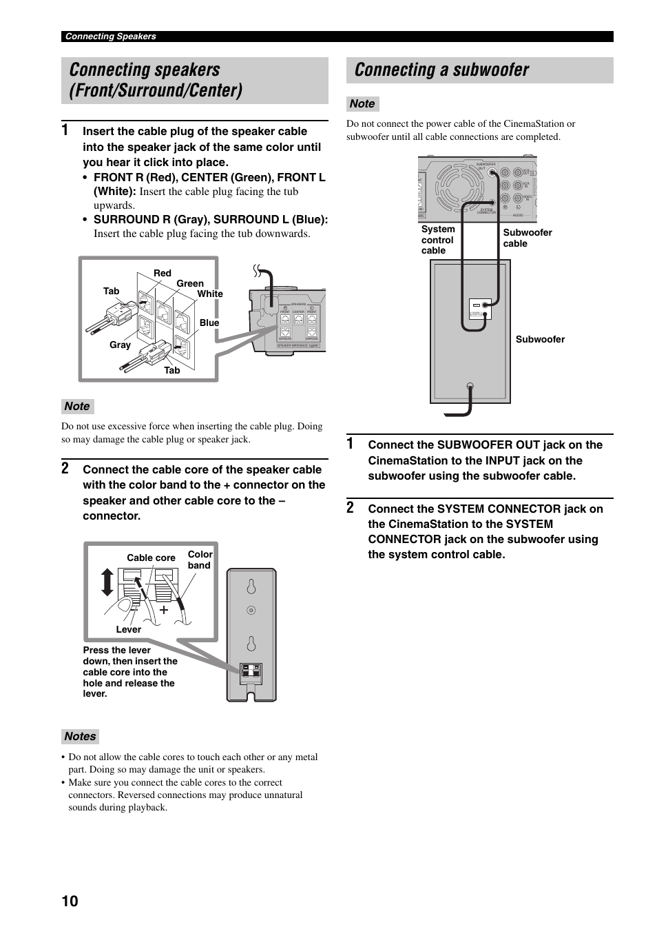 Connecting speakers (front/surround/center), Connecting a subwoofer, Connecting speakers | Front/surround/center) | Yamaha DVR-S150 User Manual | Page 15 / 99