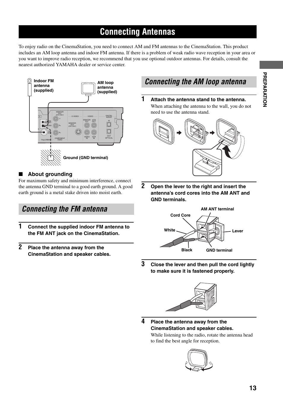 Connecting antennas, Connecting the fm antenna, Connecting the am loop antenna | About grounding | Yamaha DVR-S150 User Manual | Page 18 / 99