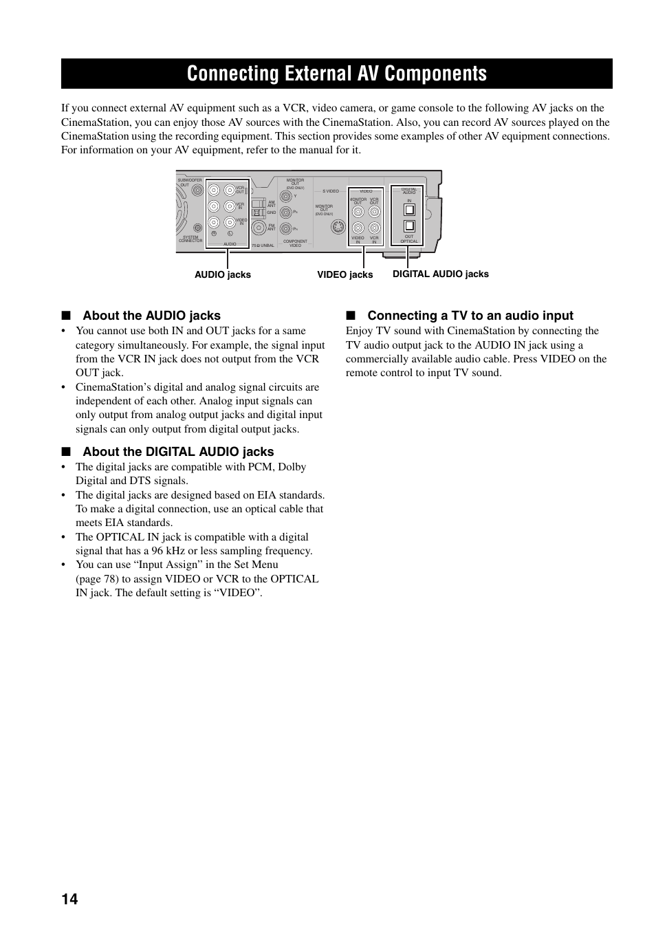 Connecting external av components, About the audio jacks, About the digital audio jacks | Connecting a tv to an audio input, Audio jacks video jacks digital audio jacks | Yamaha DVR-S150 User Manual | Page 19 / 99