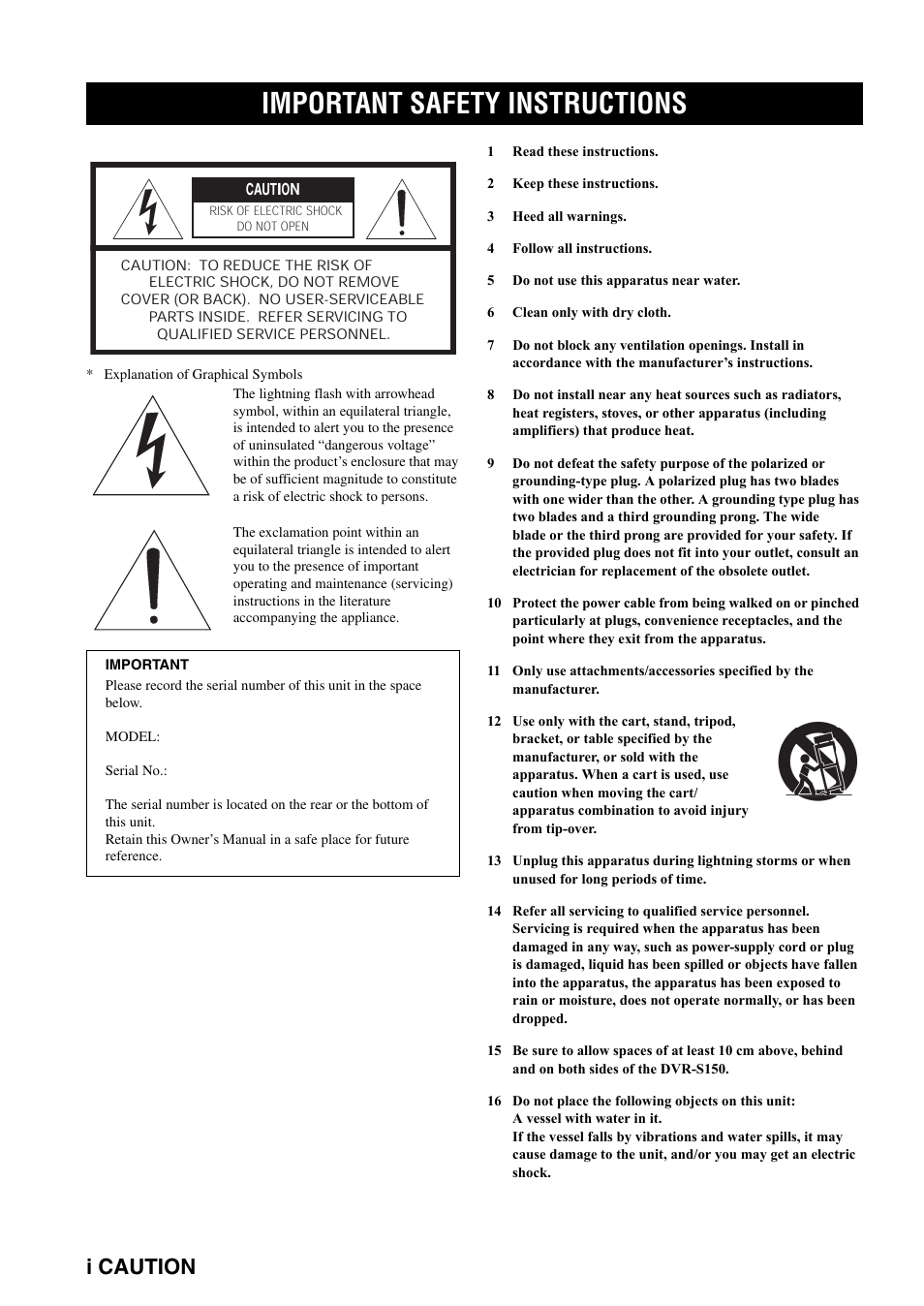 Important safety instructions, I caution | Yamaha DVR-S150 User Manual | Page 2 / 99