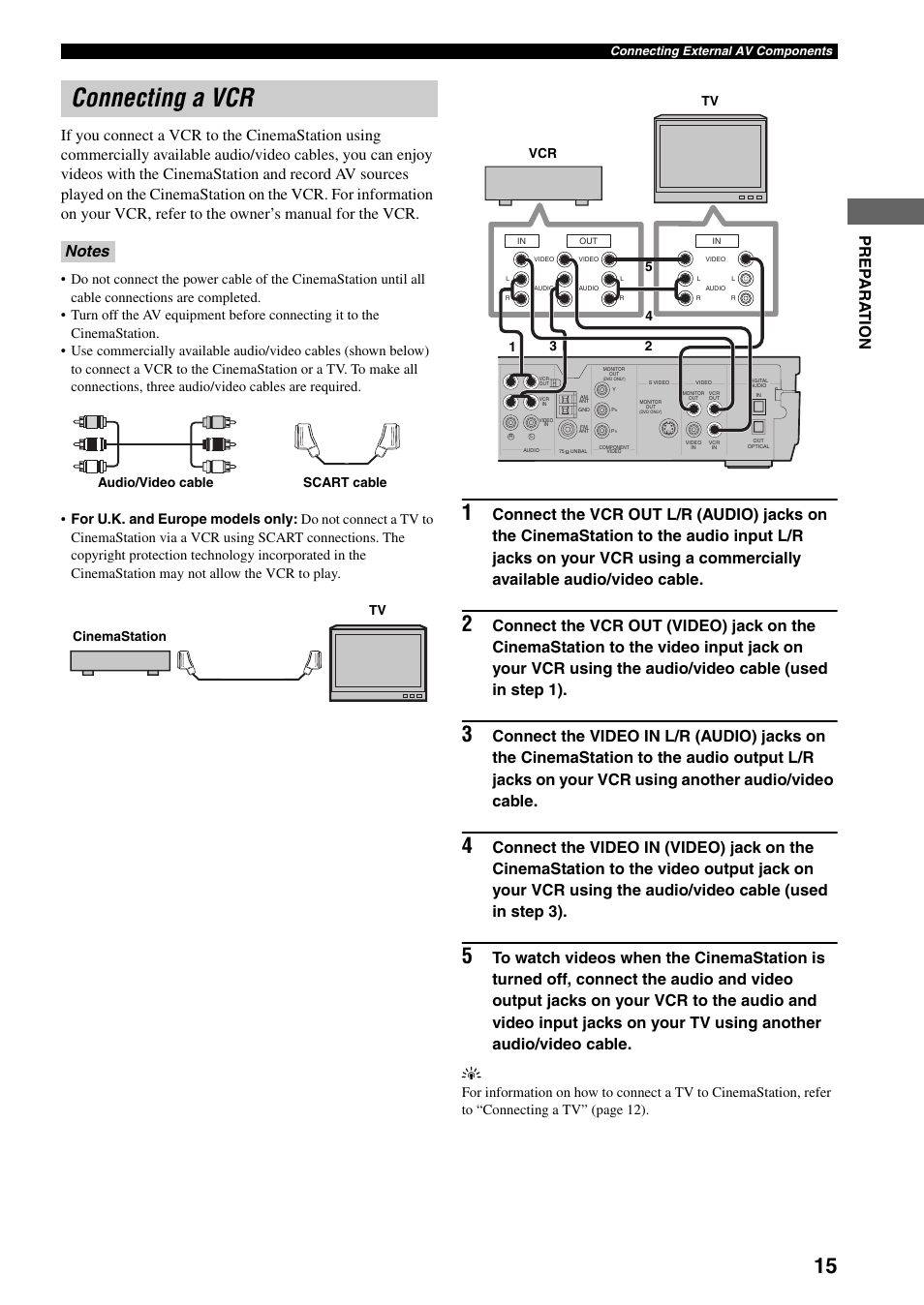 Connecting a vcr, Audio/video cable scart cable cinemastation tv | Yamaha DVR-S150 User Manual | Page 20 / 99