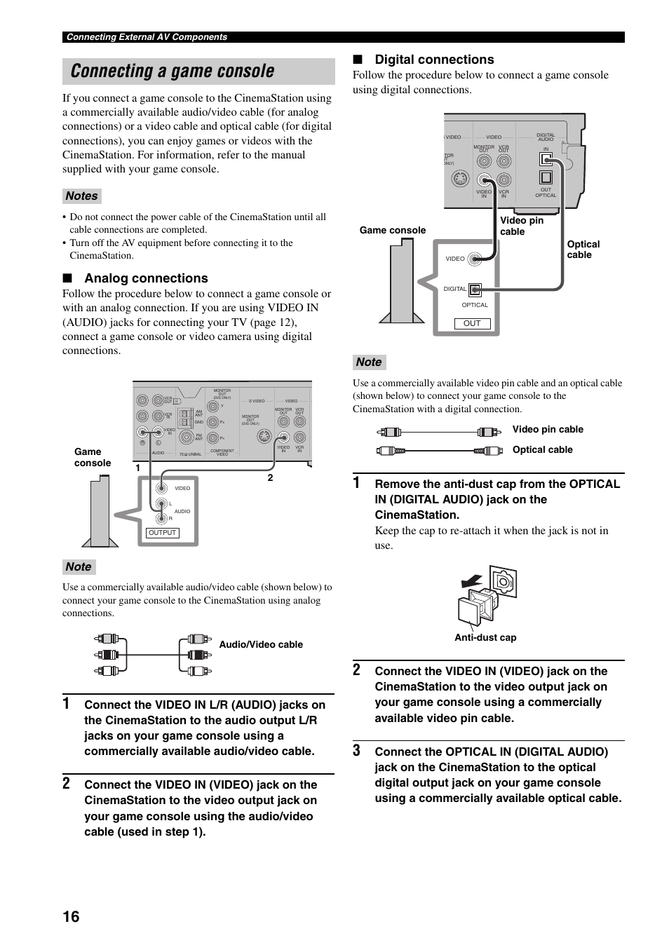 Connecting a game console, Analog connections, Digital connections | Yamaha DVR-S150 User Manual | Page 21 / 99
