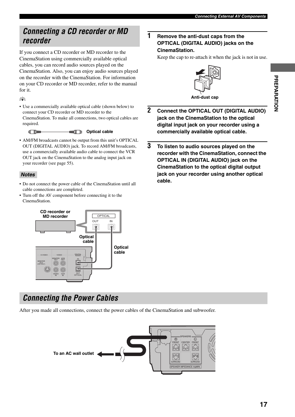Connecting a cd recorder or md recorder, Connecting the power cables | Yamaha DVR-S150 User Manual | Page 22 / 99