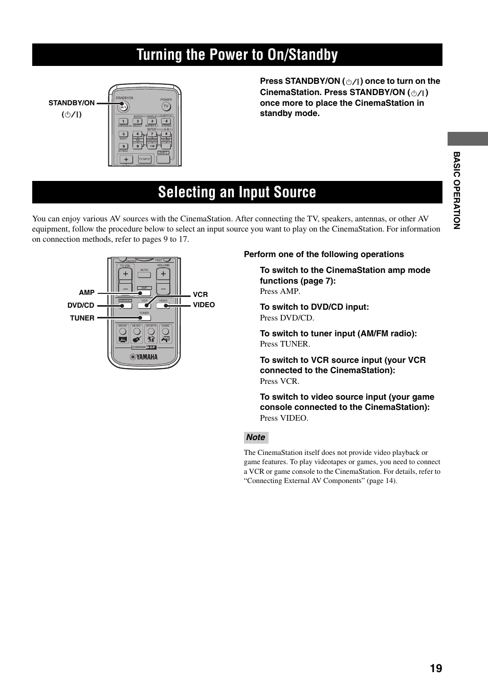 Basic operation, Turning the power to on/standby, Selecting an input source | Yamaha DVR-S150 User Manual | Page 24 / 99