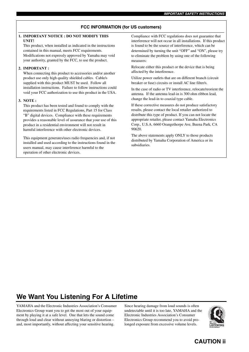 We want you listening for a lifetime, Caution ii | Yamaha DVR-S150 User Manual | Page 3 / 99