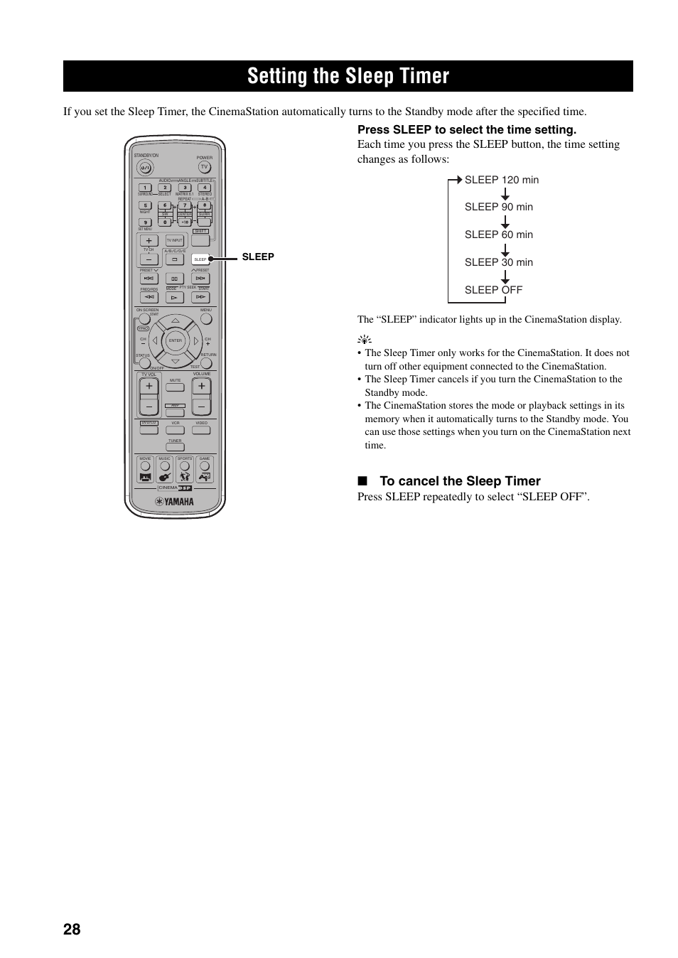 Setting the sleep timer, Press sleep repeatedly to select “sleep off, Sleep | Yamaha DVR-S150 User Manual | Page 33 / 99